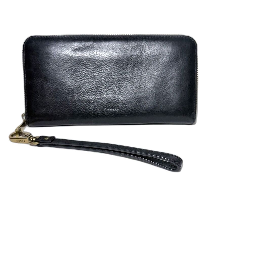 Fossil Wristlet Black Leather Clutch Organizer Wallet Zip Around 8”x4”